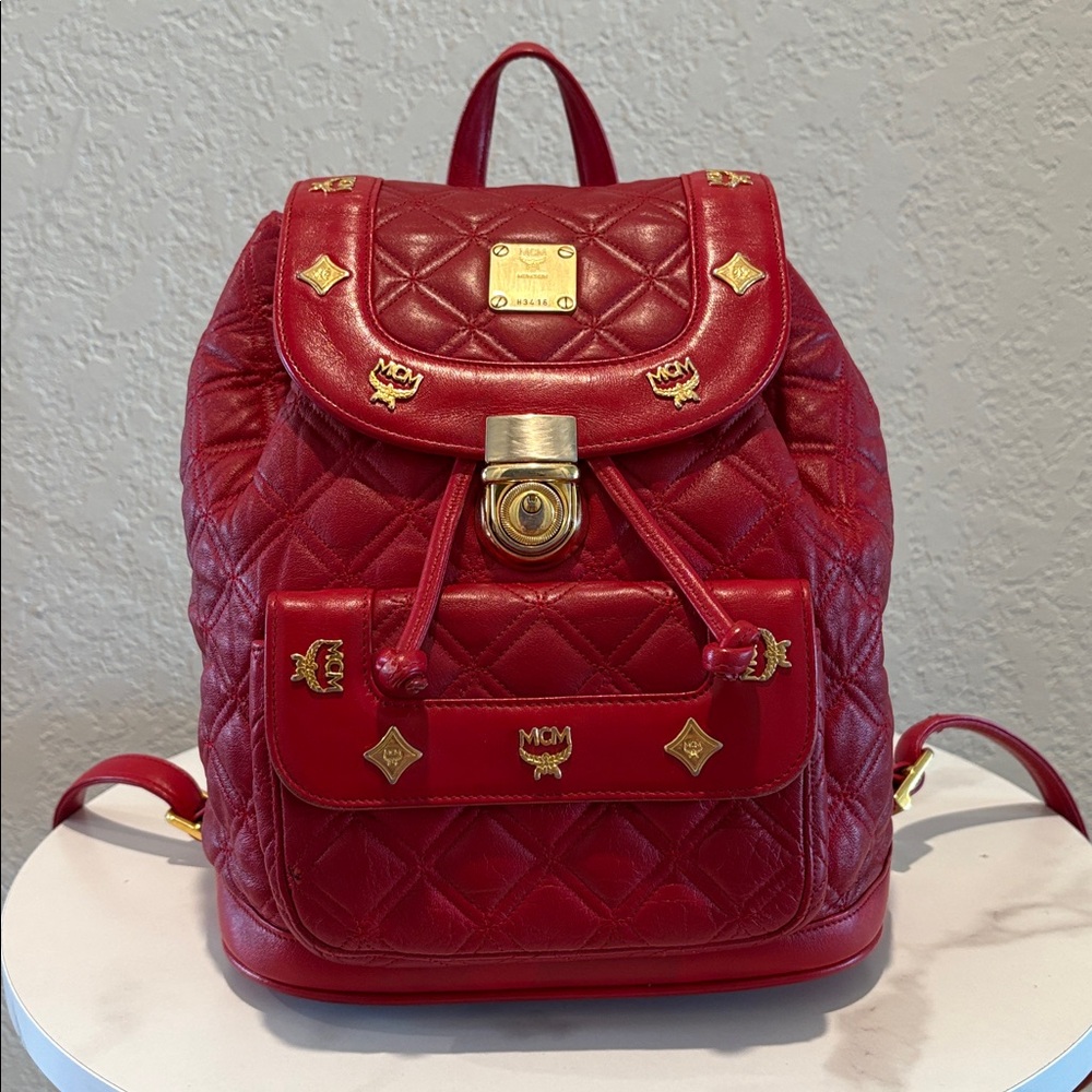 MCM Studded Quilted Red Leather Backpack